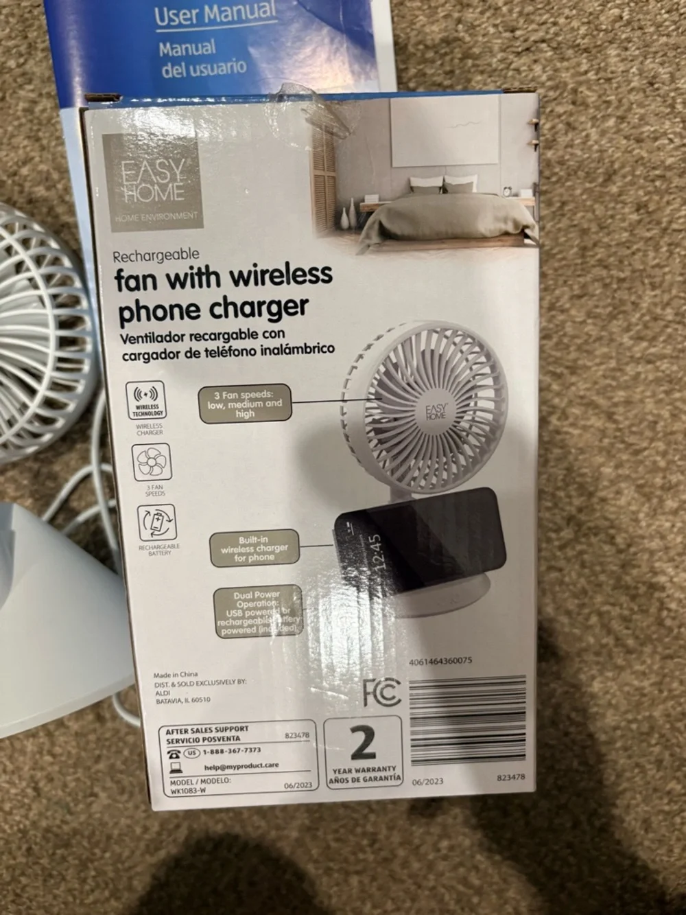 Easy Home White Rechargeable Desk Fan with Wireless Phone Charger